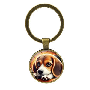 Antik-Bronze Beagle Hund Glasanhänger Schlüsselanhänger für Auto und Taschen weißer Grund