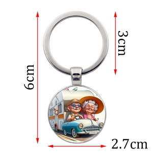 Porte-clés voyage grands-parents en camping-car avec pendentif rond en métal argenté