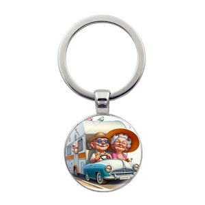 Porte-clés en Métal Rond Motif Voyage Camping-car Grands-parents Romantiques Alliage de Zinc Cabochon en Verre Souvenir de Voyage Cadeau