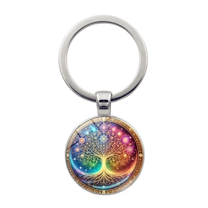 Vintage Tree Of Life Mandala Keychain Zinc Alloy Glass Cabochon Round Pendant Bag Charm For Women Men Retro Jewelry