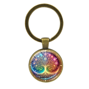 Vintage bronze Tree of Life mandala keychain with colorful glass dome pendant