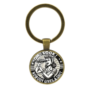 Vintage bronze keychain featuring telescope lady illustration and sarcastic text