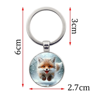 Cute cartoon snow fox round metal keychain with 6cm total length and 3cm ring diameter