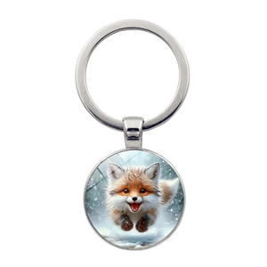 Cute Snow Fox Animal Pattern Metal Keychain Round Glass Cabochon Pendant Key Ring Antique Bronze Silver Color Bag Decor
