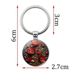 Red flower pendant keychain with metal ring for handbags, poppy floral charm accessory