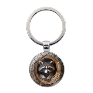 Zinc Alloy Raccoon In Tree Hole Pattern Metal Keychain Pendant Bag Hanging Ornament For Men Women Everyday Gift
