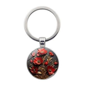 Vintage Metal Red Poppy Flower Pattern Keychain Round Glass Cabochon Alloy Keyring Pendant For Bag Car Key Decoration Unisex Gift