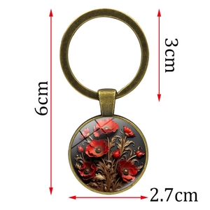 Vintage bronze keychain with red flower glass pendant and 3cm ring dimensions