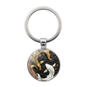 Vintage Yin Yang Tai Chi Carp Keychain Zinc Alloy Glass Pendant Antique Bronze Silver Fish Key Ring For Bags Men Women