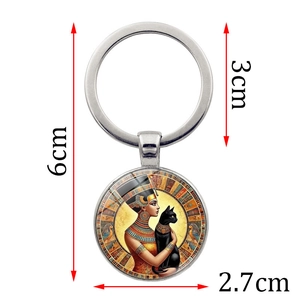 Ancient Egyptian Queen Nefertiti and black cat pendant keychain with dimensions shown
