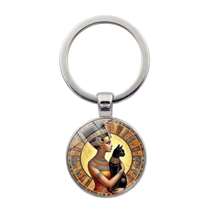 Egyptian Queen Nefertiti Black Cat Rock And Roll Guitar Metal Keychain Vintage Zinc Alloy Glass Cabochon Pendant Jewelry