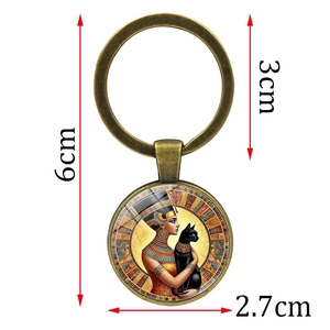 Antique bronze Egyptian queen and black cat keychain with glass dome pendant accessory