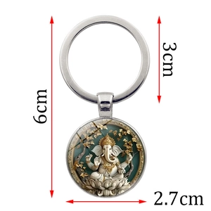 Ganesha elephant god glass pendant keychain with silver metal ring and size markings