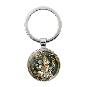 Religious Lord Ganesha Zinc Alloy Keychain Lord Ganesha Round Glass Cabochon Key Ring Antique Bronze Silver Ethnic Bag Pendant