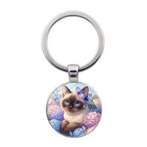 Artistic Alloy Glass Siamese Cat Butterfly Pattern Round Pendant Keychain For Women Cat Lovers Antique Bronze Silver Key Ring