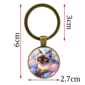 Siamese cat and butterfly keychain with blue flowers in vintage bronze metal frame