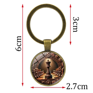 Vintage bronze chess king keychain with 6cm length and 2.7cm pendant diameter dimensions