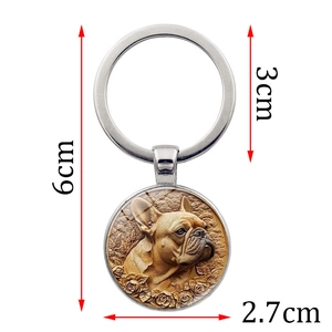 French Bulldog metal keychain with rose embossed pendant and silver ring accessories