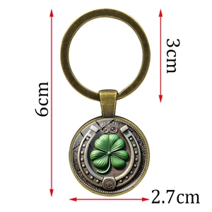 Vintage bronze lucky four leaf clover and horseshoe keychain with detailed dimensions