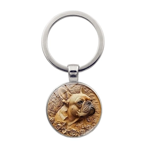 Vintage Metal French Bulldog Relief Keychain Rose Flower Zinc Alloy Glass Pendant Key Ring For Car Bag Purse Charm Accessory