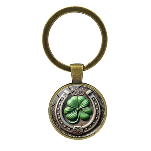 Vintage bronze lucky four leaf clover and horseshoe keychain charm with metal ring