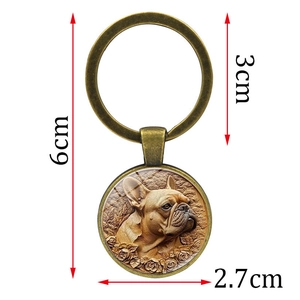 Vintage bronze French Bulldog keychain with rose texture and dimension markers