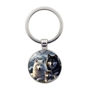 Round Metal Wolf Family Keychain Zinc Alloy Glass Cabochon Animal Pendant Vintage Key Ring Bag Ornament For Men Women