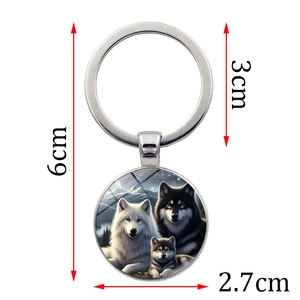Wolf pack family round metal keychain pendant with snow mountain art 6cm length