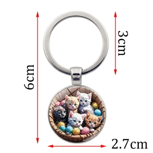 Porte-clés chat avec cinq chatons en panier, pendentif cabochon en verre de 2,7 cm