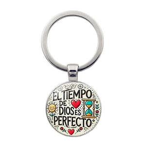 Llavero de Metal Cita en Español El Tiempo De Dios Es Perfecto Aleación de Zinc Vidrio Colgante Redondo Regalo Religioso