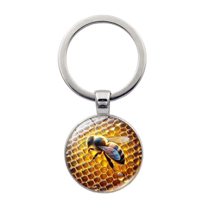 Vintage Bee Honeycomb Metal Keychain With Glass Dome Pendant Zinc Alloy Key Ring Jewelry Gift For Men Women Accessories