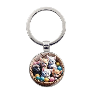 Porte-clés Cabochon en Verre Famille de Chats Pendentif Anneau Métallique Alliage Animal Chaton Ornement pour Décor de Sac Femme Cadeau