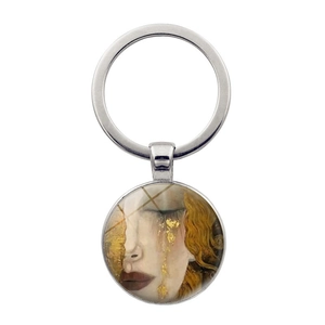 Porte-clés en Métal Artistique Gustav Klimt Femme qui Pleure Cabochon en Verre Pendentif Rond Style Art Vintage Bijou de Sac