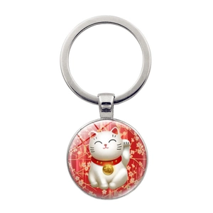 Porte-clés en Métal Chat de la Fortune Maneki Neko Pendentif Cabochon en Verre Ornement Sac Style Japonais Cadeau
