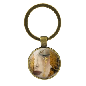 Porte-clés artistique Gustav Klimt femme en pleurs avec anneau bronze et pendentif
