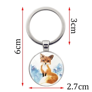 Portachiavi in metallo con ciondolo volpe acquerello in vetro e anello da 3cm