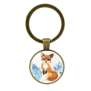Simpatico portachiavi con volpe, anello in metallo bronzo e ciondolo artistico in vetro
