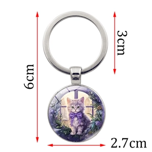 Fashion silver metal keychain with a purple bow cat glass pendant, 6cm total length