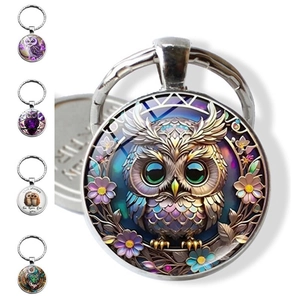 Vintage Zinc Alloy Owl Glass Cabochon Keychain Colorful Floral Cartoon Animal Pattern Pendant Key Ring Bag Hanging Ornament