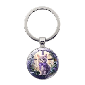 Cute Purple Cat Keychain Zinc Alloy Glass Time Gem Pendant Vintage Floral Kitten Illustration Bag Charm Hanging Ornament Gift
