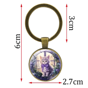 Vintage gold cat keychain with purple bow illustration pendant and size dimensions