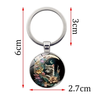 Portachiavi gatto e luna in vetro argentato lungo 6cm con anello da 3cm di diametro