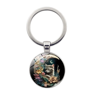Portachiavi retrò con gatto lunare e fiori Gemma del tempo Lega di zinco Ciondolo cabochon in vetro Accessorio borsa Gioielli fantasy
