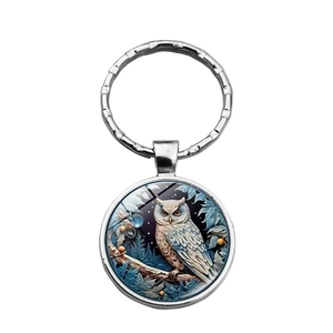Polished silver owl keychain with circular winter moonlit night owl art pendant