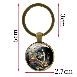 Portachiavi gatto luna vintage in bronzo e vetro con dimensioni dettagliate 6cm e 3cm
