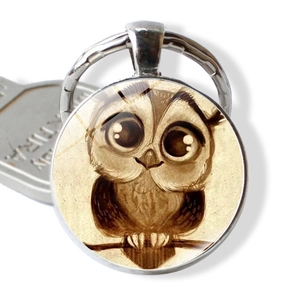 Porte-Clés Hibou en Verre Cabochon Dessin Animé Femmes Alliage de Zinc Pendentif Rond Anneau Animal Bijoux Accessoires Sac