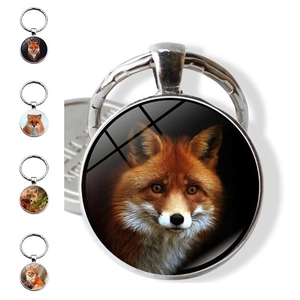 Animal Fox Time Gem Keychain Zinc Alloy Silver Round Glass Cabochon Pendant Key Ring For Women Bag Accessories Jewelry Gift