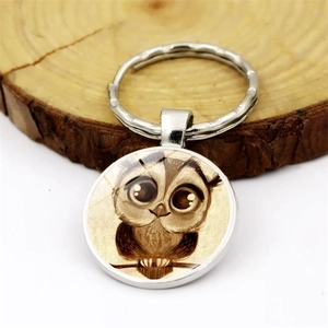 Porte-clés cabochon en verre motif hibou vintage avec anneau en alliage de bronze