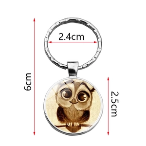 Porte-clés gemme de temps hibou avec pendentif illustré et anneau en métal argenté