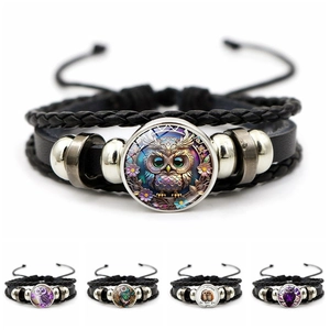 Bracelet Multicouche en Cuir Vintage pour Hommes Femmes Tissé à la Main Breloque Hibou Verre Cabochon Rétro Ethnique Tressé Bijoux